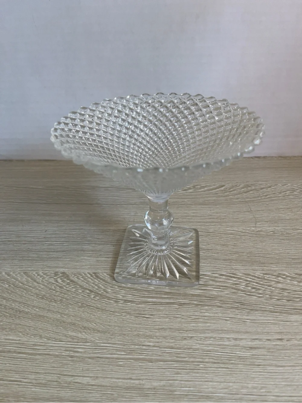 Clear Glass Diamond-Pattern Compote Pedestal Bowl